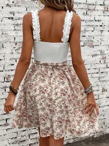 SHEIN VCAY 印花褶邊腰帶吊帶連衣裙 - 彩色 - 查看 2