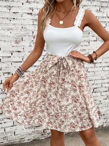 SHEIN VCAY 印花褶邊腰帶吊帶連衣裙 - 彩色 - 查看 3