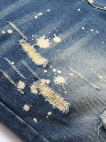 Nam In Splash Ink Rách Frayed Rửa thuốc tẩy Quần jean - Rửa trung bình - Xem 3