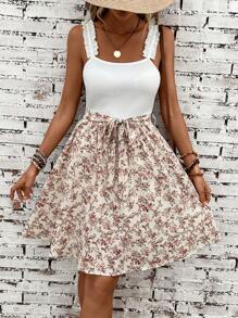 SHEIN VCAY 印花褶邊腰帶吊帶連衣裙 - 彩色 - 查看 4