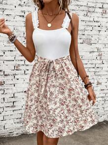 SHEIN VCAY 印花褶邊腰帶吊帶連衣裙 - 彩色 - 查看 5