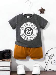 SHEIN Bebé niño Shorts con camiseta con estampado de letra - Multicolor - Ver 1