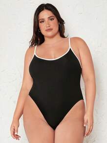 SHEIN BASICS 大碼撞色滾邊吊帶連體衣 - 黑色 - 查看 7