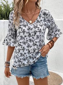 SHEIN VCAY 碎花喇叭袖襯衫 - 黑與白 - 查看 3