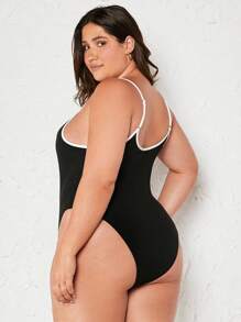 SHEIN BASICS 大碼撞色滾邊吊帶連體衣 - 黑色 - 查看 2