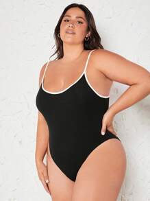 SHEIN BASICS 大碼撞色滾邊吊帶連體衣 - 黑色 - 查看 3