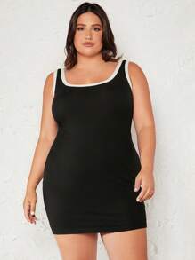 SHEIN BASICS Plus Contrast Binding Bodycon Casual Dinner Dress - Black - View 7