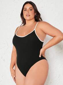 SHEIN BASICS 大碼撞色滾邊吊帶連體衣 - 黑色 - 查看 5