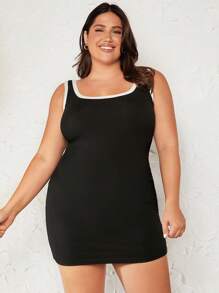 SHEIN BASICS Plus Contrast Binding Bodycon Casual Dinner Dress - Black - View 3