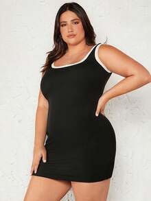 SHEIN BASICS Plus Contrast Binding Bodycon Casual Dinner Dress - Black - View 4