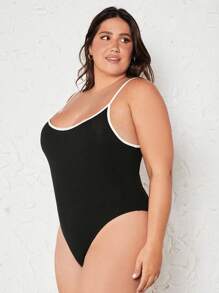 SHEIN BASICS 大碼撞色滾邊吊帶連體衣 - 黑色 - 查看 6