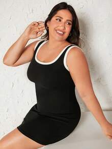 SHEIN BASICS Plus Contrast Binding Bodycon Casual Dinner Dress - Black - View 5