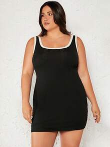 SHEIN BASICS Plus Contrast Binding Bodycon Casual Dinner Dress - Black - View 6