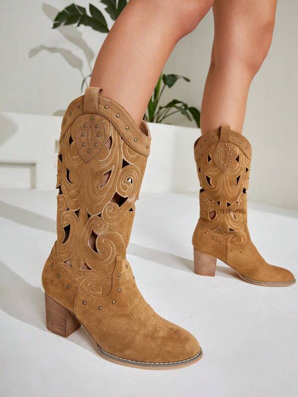 SHEIN VCAY Elegant Brown Western Boots For Women, Cut Out Design Faux