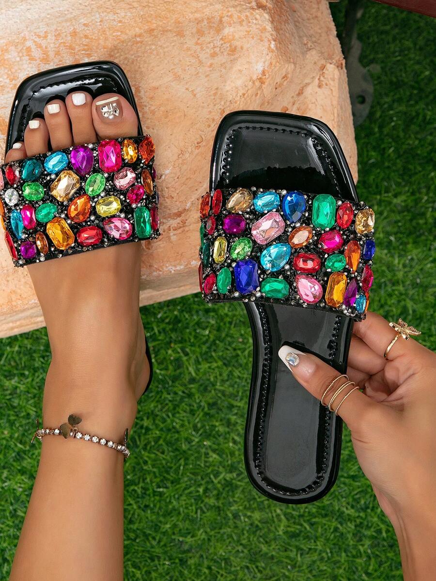 女士水鑽裝飾涼拖,魅力四射涼鞋 - 黑色 - 查看 1