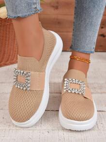 Women Rhinestone Decor Slip On Shoes, Sporty Outdoor Casual Shoes - Khaki - View 1