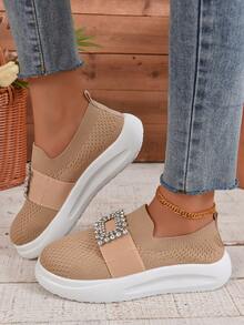 Women Rhinestone Decor Slip On Shoes, Sporty Outdoor Casual Shoes - Khaki - View 2