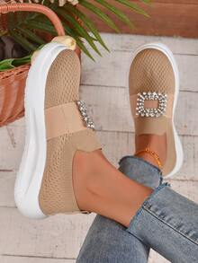 Women Rhinestone Decor Slip On Shoes, Sporty Outdoor Casual Shoes - Khaki - View 4