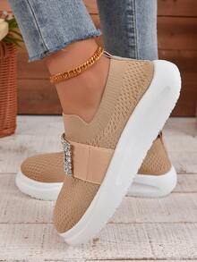 Women Rhinestone Decor Slip On Shoes, Sporty Outdoor Casual Shoes - Khaki - View 5