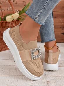 Women Rhinestone Decor Slip On Shoes, Sporty Outdoor Casual Shoes - Khaki - View 7