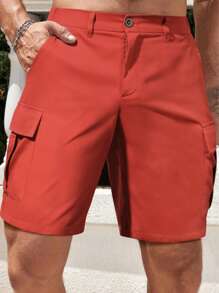 Manfinity LEGND 男士側翻蓋口袋工裝短褲 - 酒紅色 - 查看 1