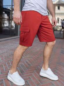 Manfinity LEGND 男士側翻蓋口袋工裝短褲 - 酒紅色 - 查看 5