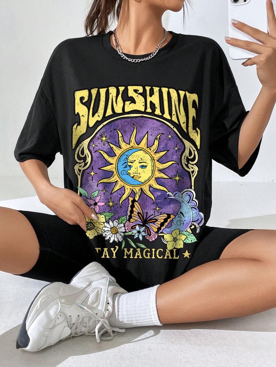 SHEIN EZwear 休闲字母与太阳光印花圆领超大短袖 T 恤，适合女士，夏季，男女通用 - 黑色 - 查看 1