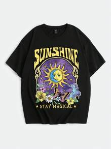 SHEIN EZwear 休闲字母与太阳光印花圆领超大短袖 T 恤，适合女士，夏季，男女通用 - 黑色 - 查看 7