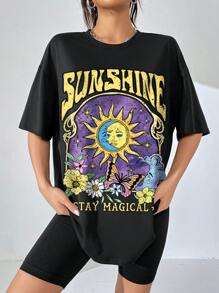 SHEIN EZwear 休闲字母与太阳光印花圆领超大短袖 T 恤，适合女士，夏季，男女通用 - 黑色 - 查看 8
