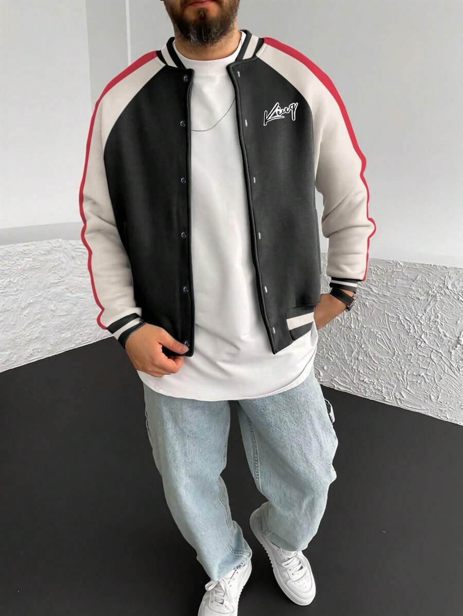 Manfinity Homme Hombre Chaqueta Universitaria Con Mangas Raglán Y Gráfico De Letras En Contraste - Multicolor - Ver 1