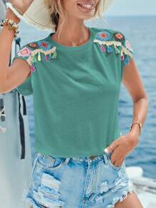 SHEIN VCAY Geo Embroidery Batwing Sleeve Tee - Green - View 1