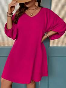SHEIN LUNE Plus Solid Batwing Sleeve Tunic Dress - Hot Pink - View 4