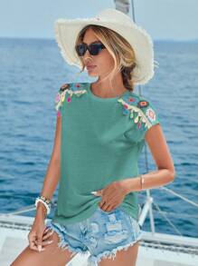 SHEIN VCAY Geo Embroidery Batwing Sleeve Tee - Green - View 4