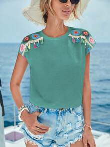 SHEIN VCAY Geo Embroidery Batwing Sleeve Tee - Green - View 5