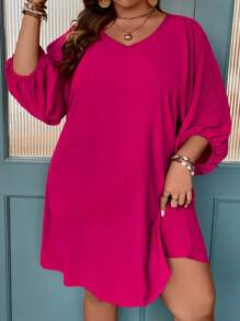 SHEIN LUNE Plus Solid Batwing Sleeve Tunic Dress - Hot Pink - View 6