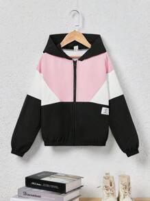 SHEIN Leap Crew 女大童撞色字母補丁細節拉鏈開襟連帽夾克 - 彩色 - 查看 1