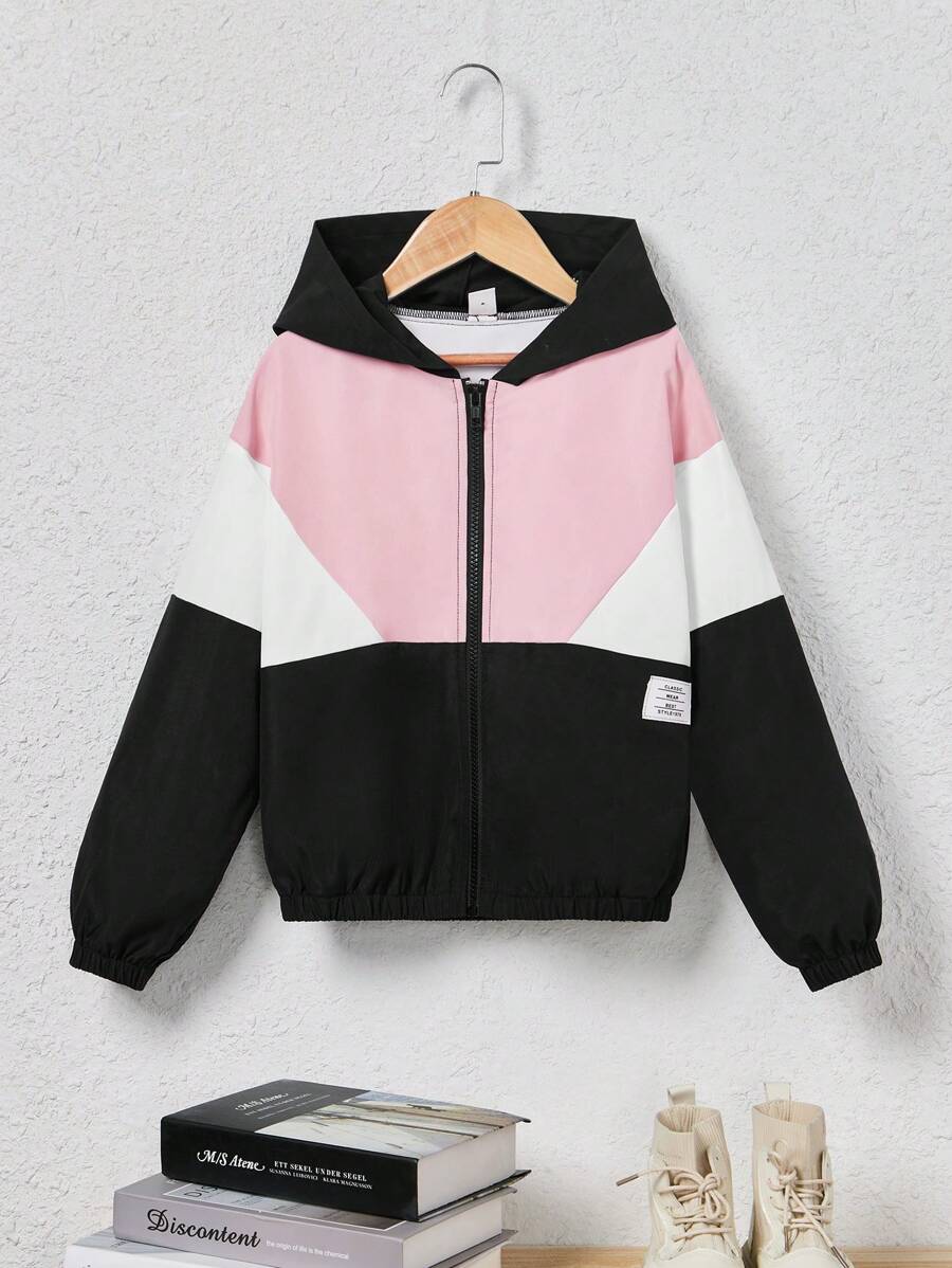 SHEIN Leap Crew 女大童撞色字母補丁細節拉鏈開襟連帽夾克 - 彩色 - 查看 1