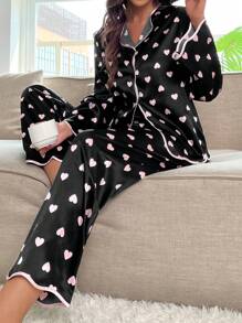 SHEIN Heart Print Contrast Binding Satin PJ Set - Black - View 1