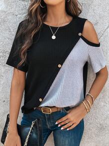 EMERY ROSE 雙色肩部挖空紐扣細節T恤 - 黑色 - 查看 4