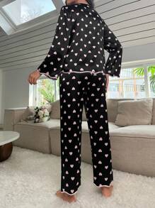 SHEIN Heart Print Contrast Binding Satin PJ Set - Black - View 2