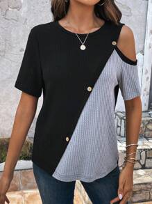 EMERY ROSE 雙色肩部挖空紐扣細節T恤 - 黑色 - 查看 3