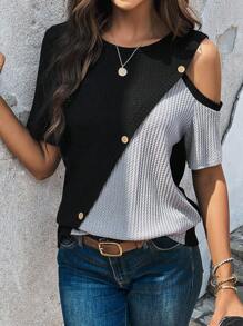 EMERY ROSE 雙色肩部挖空紐扣細節T恤 - 黑色 - 查看 1