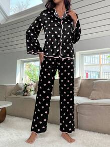 SHEIN Heart Print Contrast Binding Satin PJ Set - Black - View 5