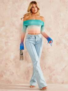 SHEIN BAE Ombre Off Shoulder Flounce Sleeve Crop Top - Multicolor - View 4