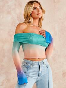 SHEIN BAE Ombre Off Shoulder Flounce Sleeve Crop Top - Multicolor - View 5