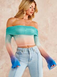 SHEIN BAE Ombre Off Shoulder Flounce Sleeve Crop Top - Multicolor - View 6