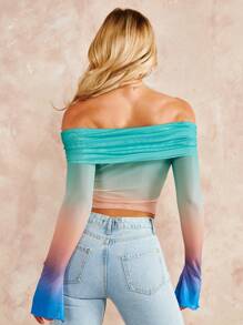 SHEIN BAE Ombre Off Shoulder Flounce Sleeve Crop Top - Multicolor - View 7