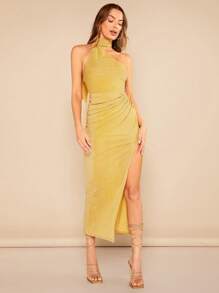 SHEIN BAE Đầm Lộ Lưng Xù Tách cao màu trơn Buổi tiệc - Màu vàng - Xem 1