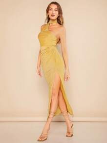 SHEIN BAE Đầm Lộ Lưng Xù Tách cao màu trơn Buổi tiệc - Màu vàng - Xem 3