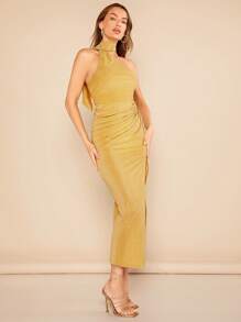 SHEIN BAE Đầm Lộ Lưng Xù Tách cao màu trơn Buổi tiệc - Màu vàng - Xem 4